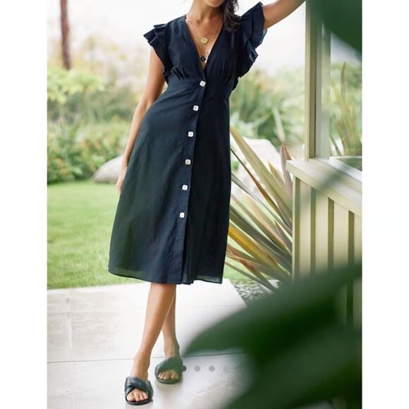 Charlie Holiday Women's Cherry Black Linen Flutter Sleeve Midi Dress Size 6 - Picture 1 of 8